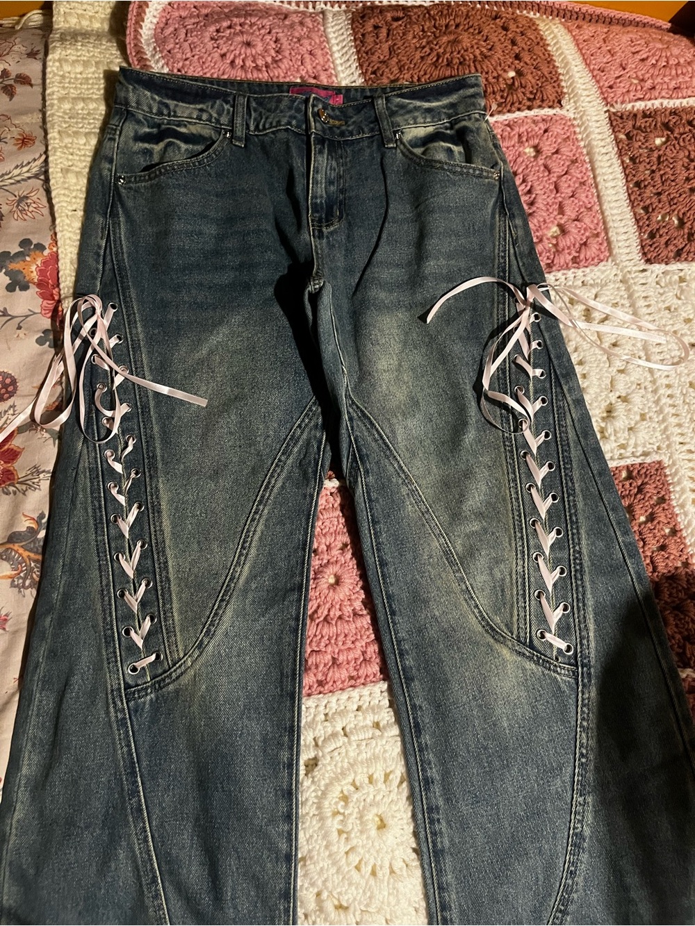 Edikted Blue Wide-Leg Jeans with Pink Lace-Up Side Panels